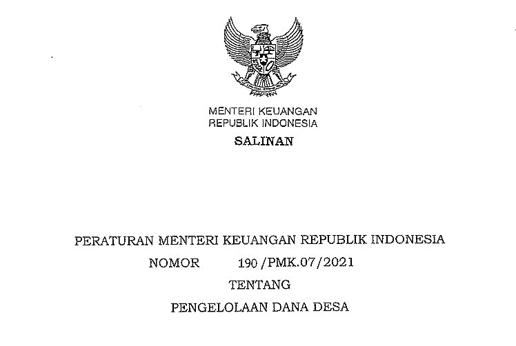 Peraturan Menteri Keuangan Republik Indonesia Nomor 190/PMK.07/2021 tentang Pengelolaan Dana Desa 