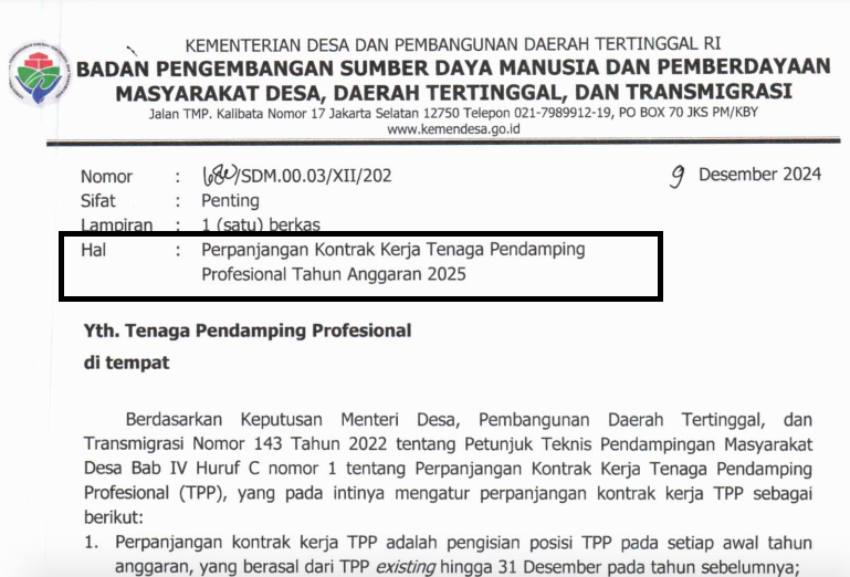 Surat Badan Pengembangan Sumber Daya Manusia dan Pemberdayaan Masyarakat Desa, Daerah Tertinggal, dan Transmigrasi dengan Nomor 680/SDM.00.03/XII/2024