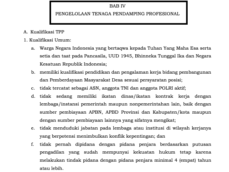 Syarat Umum Pendamping Desa atau Tenaga Pendamping Profesional sesuai Kepmendesa PDTT Nomor 40 Tahun 2021