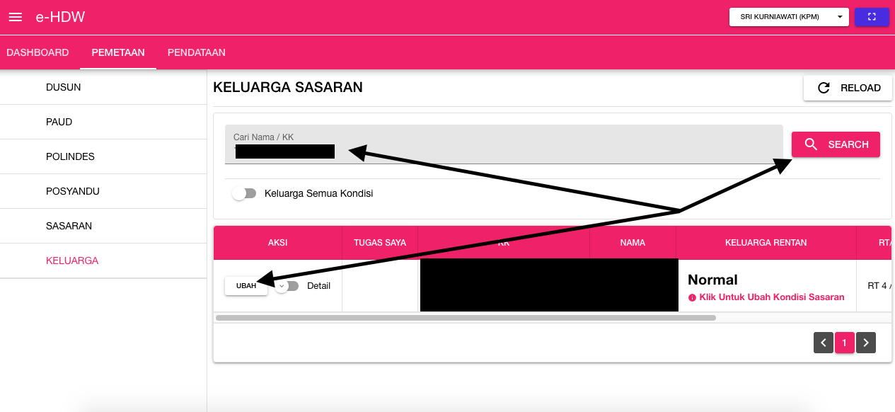 Tampilan Menu Pemetaan Submenu Keluarga