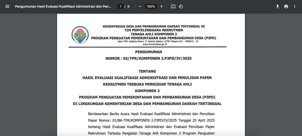 Pengumuman Hasil Rekrutmen P3PD 2025