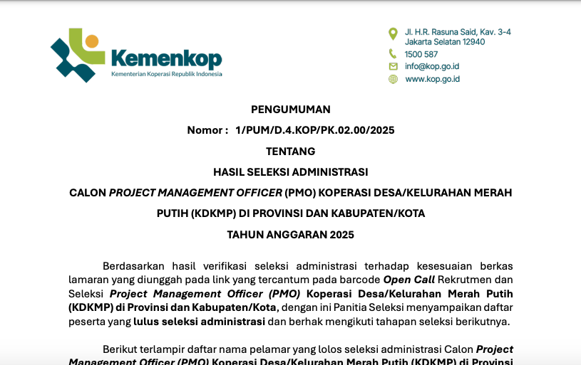 Pengumuman Hasil Seleksi PMO Kemenkop