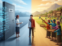 Ilustrasi sureal seorang perangkat desa di persimpangan: antara pintu birokrasi ASN yang dingin dan jalan pelayanan komunitas yang hangat di desanya