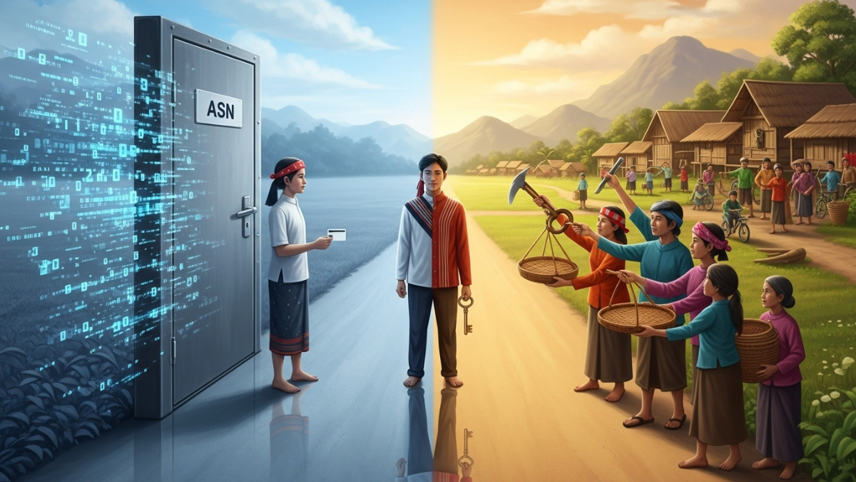 Ilustrasi sureal seorang perangkat desa di persimpangan: antara pintu birokrasi ASN yang dingin dan jalan pelayanan komunitas yang hangat di desanya