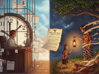 Ilustrasi sureal yang membelah dua realitas perangkat desa: satu terkurung di balik meja dan jam kerja yang kaku, dan satu lagi hidup membantu warga di luar waktu resmi dengan cahaya lentera.