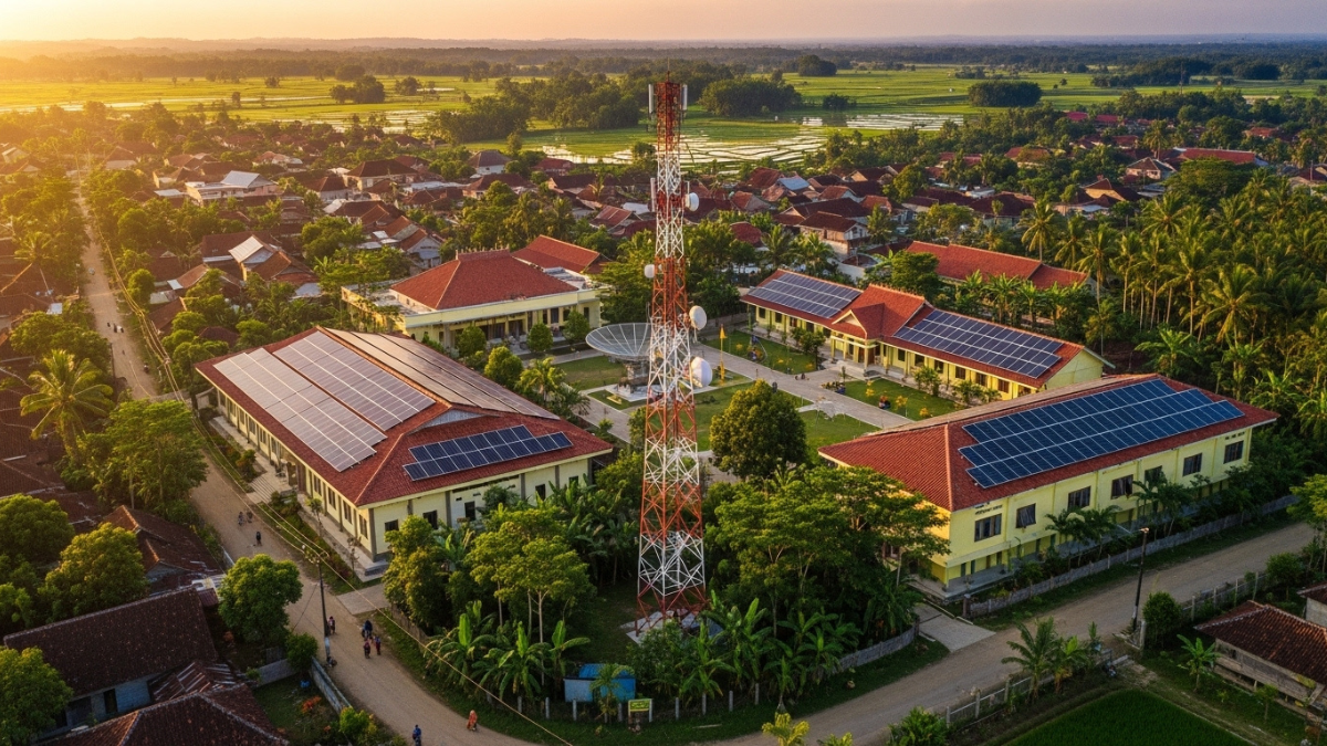 Ilustrasi konsep pemanfaatan Dana Desa untuk panel surya dan internet desa, menggambarkan integrasi energi terbarukan dan konektivitas digital di pedesaan