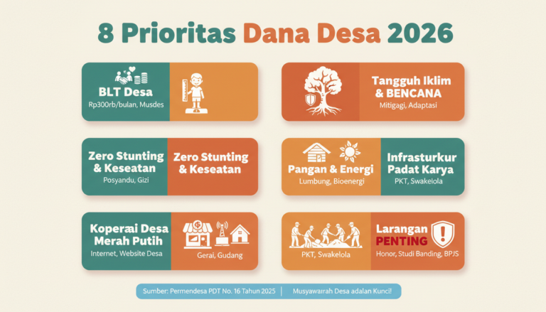 Ilustrasi infografis 8 prioritas penggunaan Dana Desa tahun 2026 sesuai Permendesa PDT No. 16 Tahun 2025, mencakup BLT Desa, penanganan stunting, hingga pembangunan desa digital