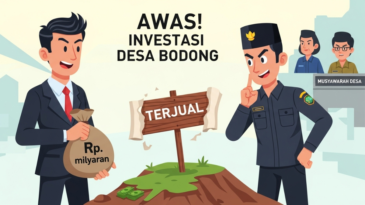 Kartun proses investasi desa legal melalui Musyawarah Desa dan Peraturan Desa