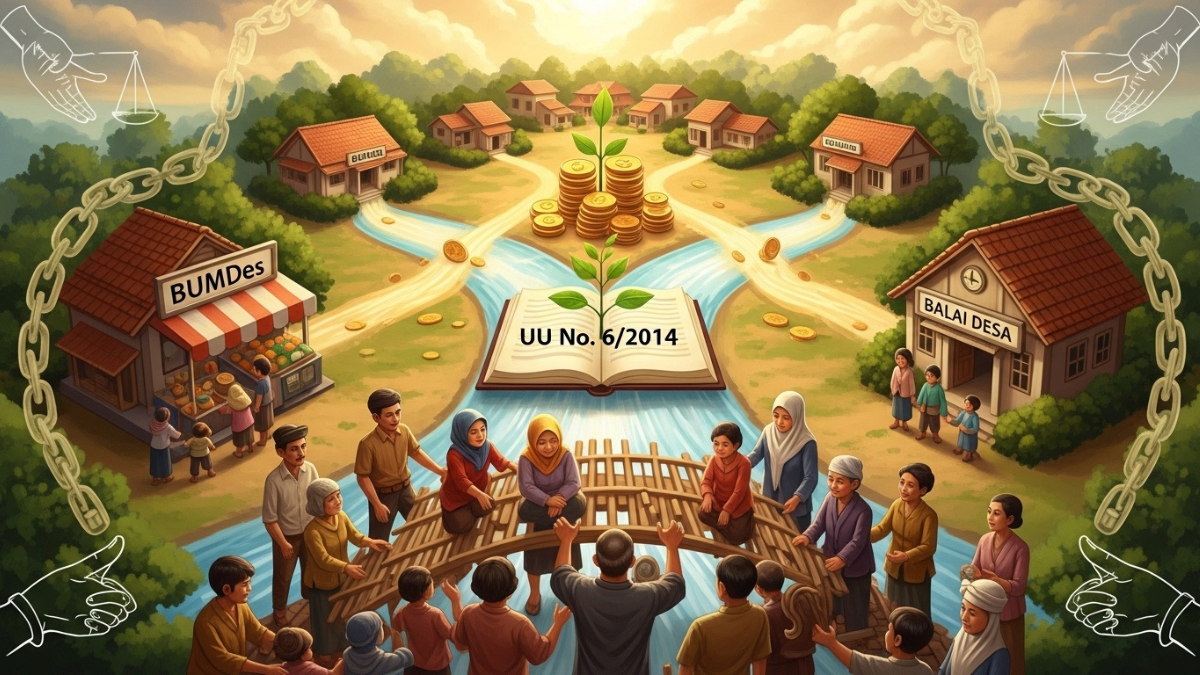 Ilustrasi prinsip kekeluargaan dalam Undang-Undang Desa: Komunitas warga desa Indonesia yang semangat bekerja sama membangun jembatan, melambangkan tata kelola kolektif, kerja sama ekonomi di pasar (BUMDes), dan pembangunan inklusif dalam kerangka Undang-Undang Nomor 6 Tahun 2014