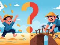 Ilustrasi kartun editorial yang membelah dua pilihan kebijakan desa: di satu sisi, warga menangkap uang tunai namun terperangkap; di sisi lain, warga membangun jembatan sambil berkeringat