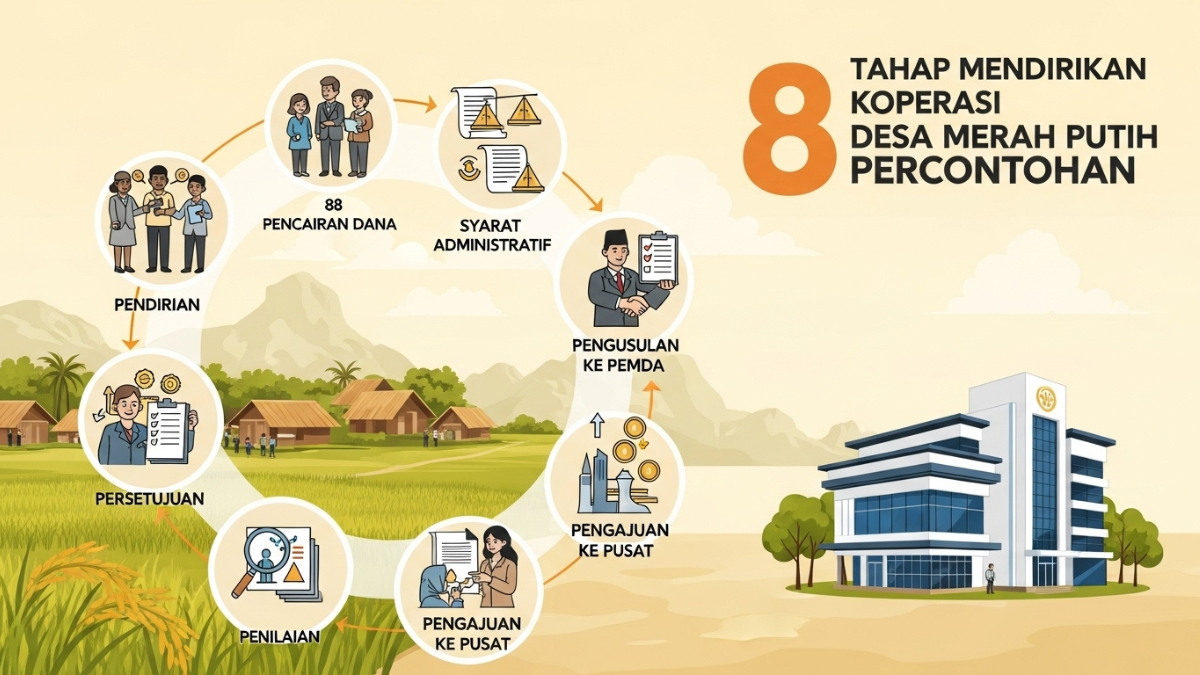 Infografis diagram alur sirkular 8 tahap pendirian Koperasi Desa Merah Putih Percontohan dengan ikon ilustratif di atas latar panorama desa