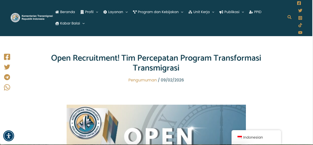 Open Recruitment Tim Percepatan Program Transformasi Transmigrasi