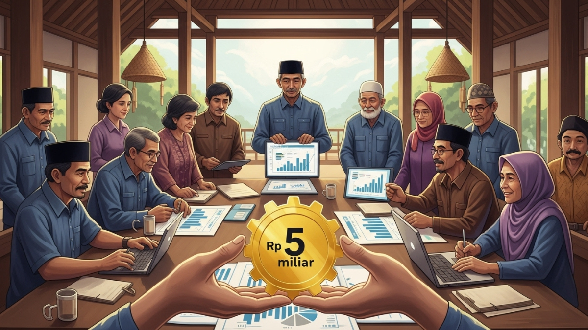 Anggota Koperasi Desa Merah Putih berdiskusi tentang rencana bisnis dan dana bergulir di balai desa dengan semangat gotong royong